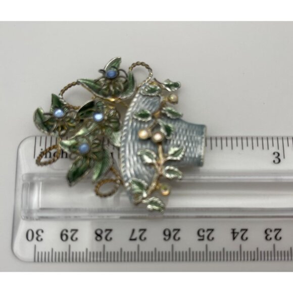 Vintage Brooch Flower Basket Pale Blue Flowers Vines Garland - Picture 10 of 11